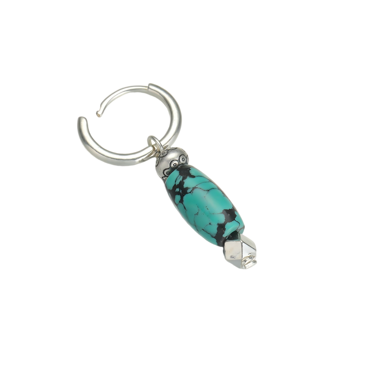 View of the open hoop clasp mechanism on the armored Tibetan turquoise and silver earring.
