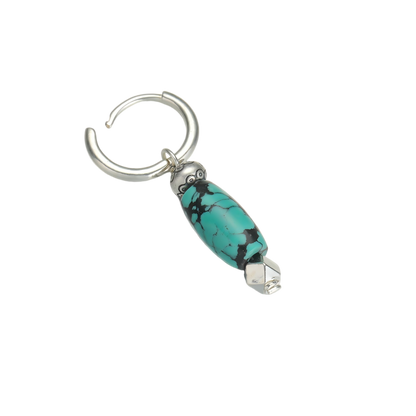View of the open hoop clasp mechanism on the armored Tibetan turquoise and silver earring.
