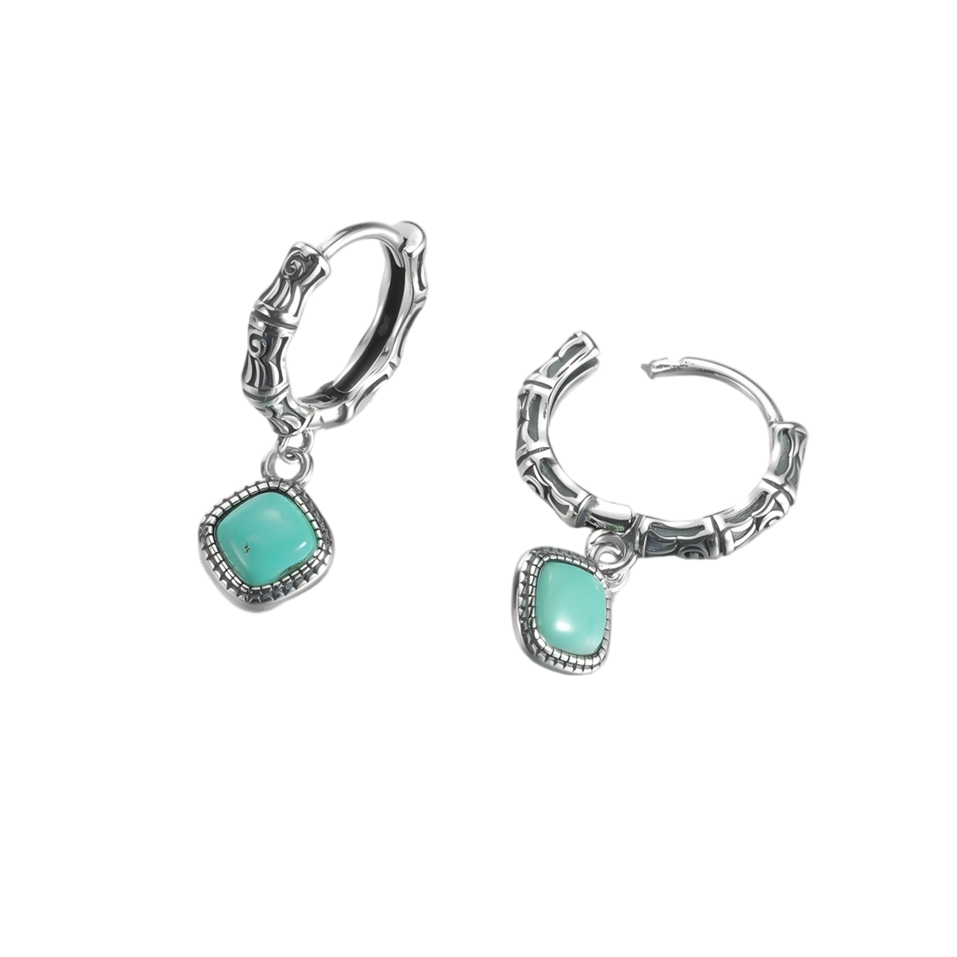 View of the open hoop clasp mechanism on the armored Tibetan turquoise and 925 silver earrings.