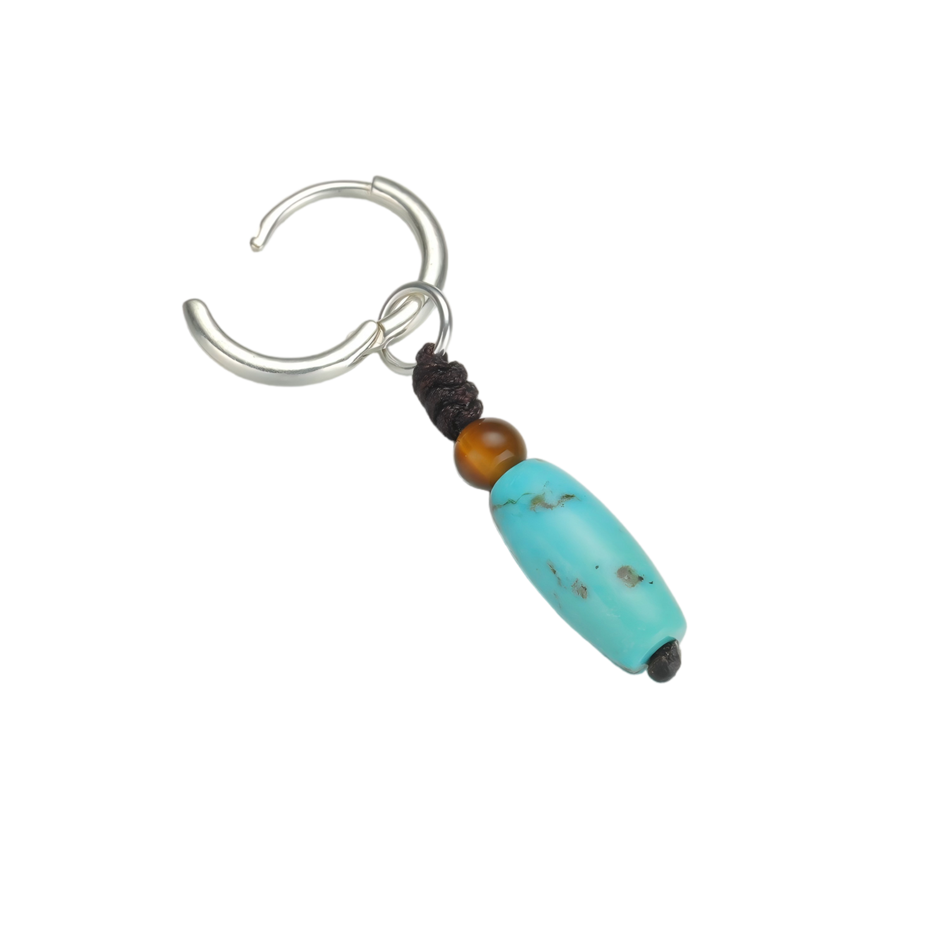 View of the open hoop clasp mechanism on the tactile woven and Tibetan turquoise silver earring.