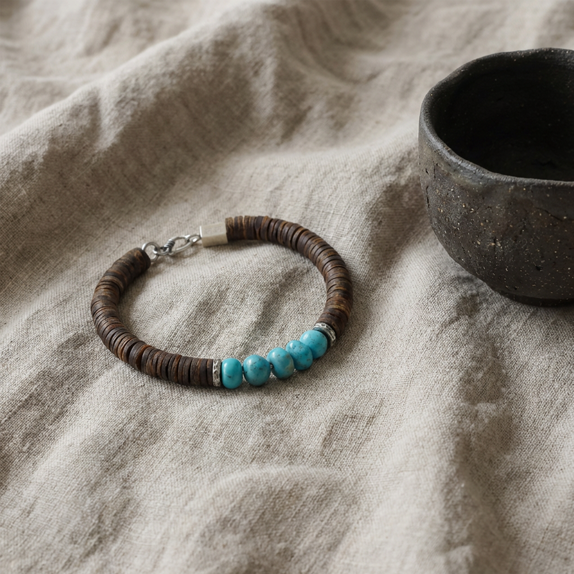 The Grounding Bracelet displayed on a neutral linen surface next to a dark tea bowl, reflecting ritual and heritage.