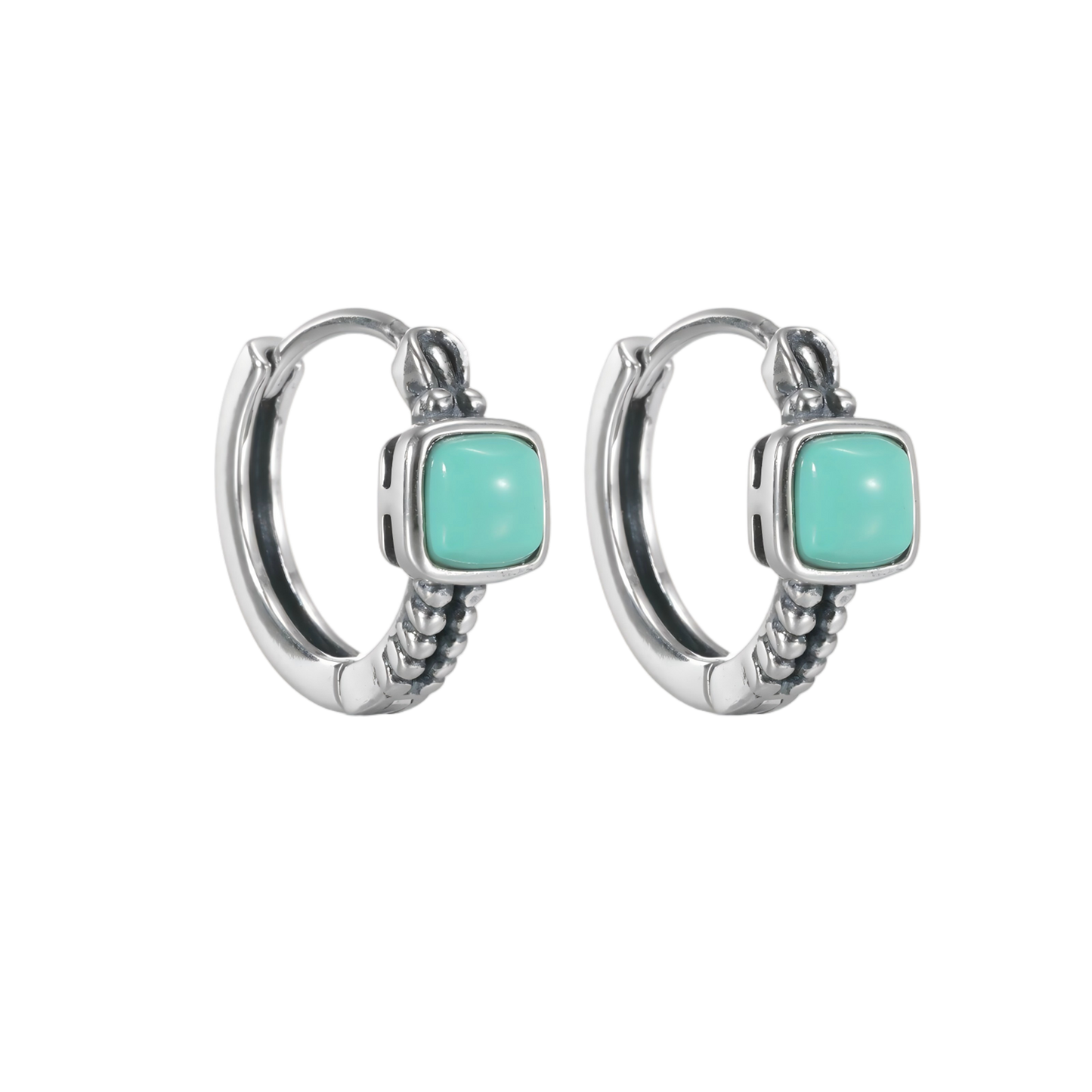 Front view of the Axiom Hoops pair on a clean white background, showcasing the square blue stones.