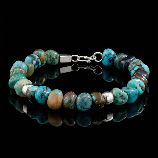The Pilgrim's Path Bracelet featuring dark grounding stones, Tibetan turquoise discs, and silver spacers.