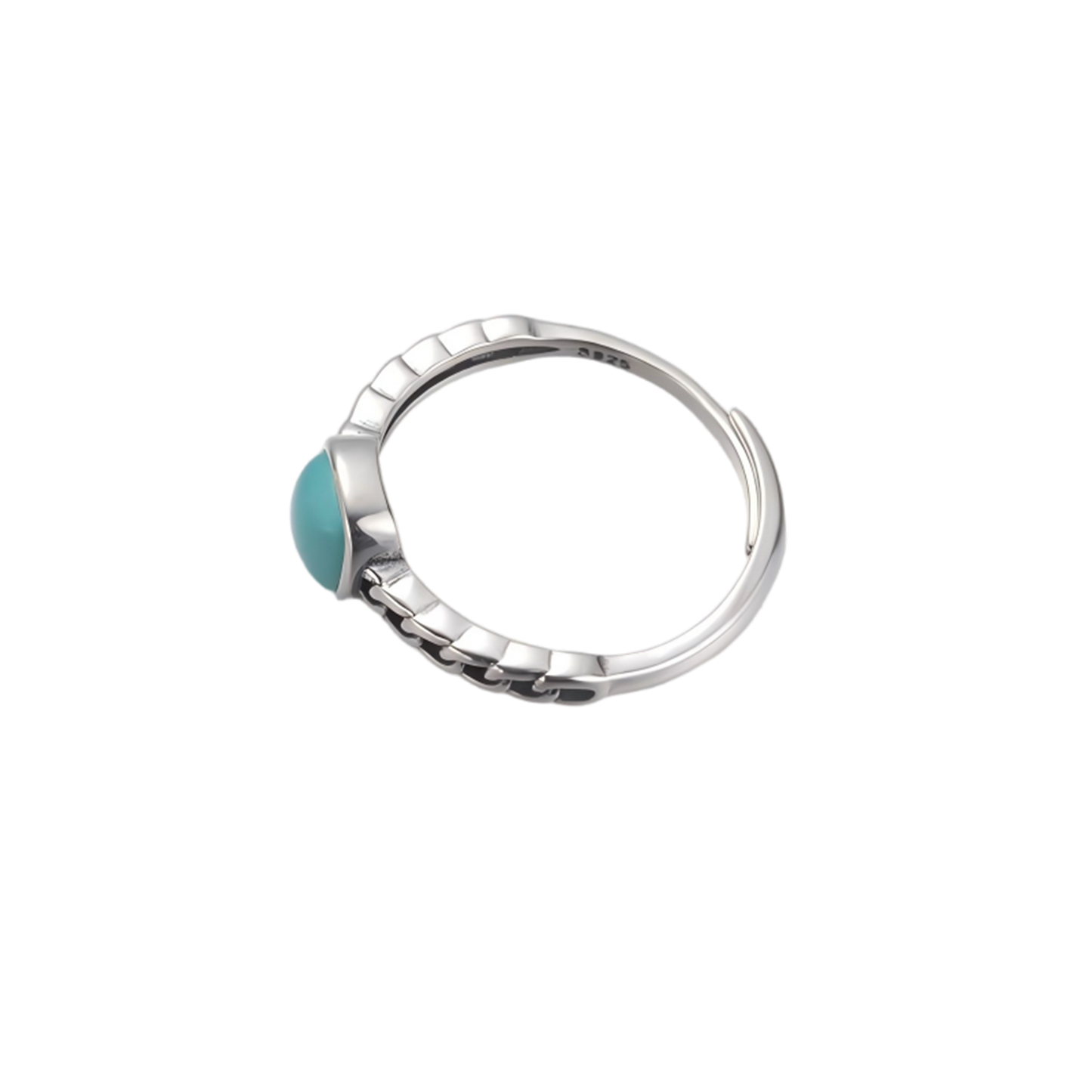 Side view of the cushion-cut turquoise and adjustable band on white background.
