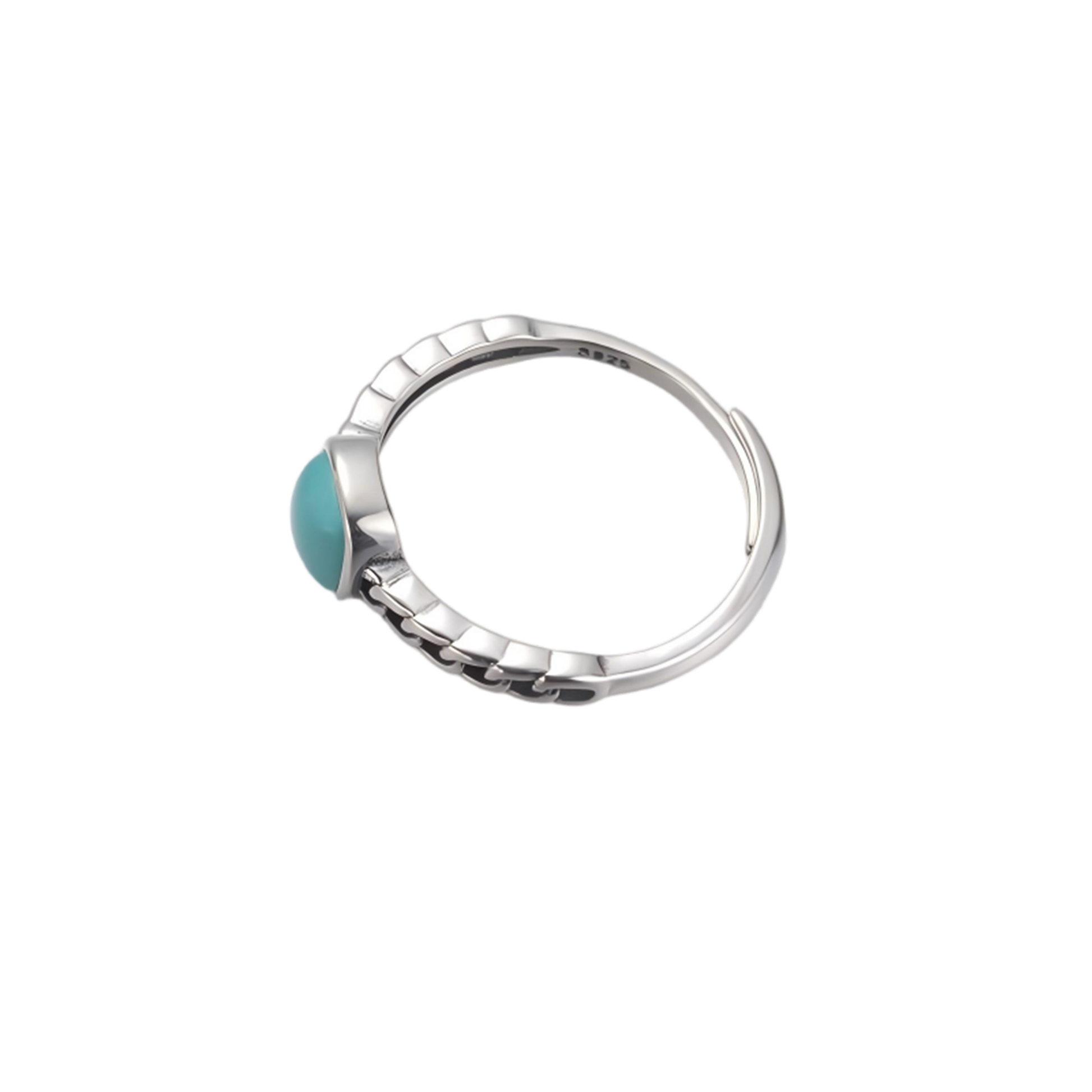Side view of the cushion-cut turquoise and adjustable band on white background.
