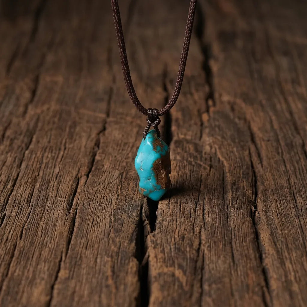 The Solitary Stone turquoise necklace resting on a natural wood surface, reflecting Himalayan heritage.
