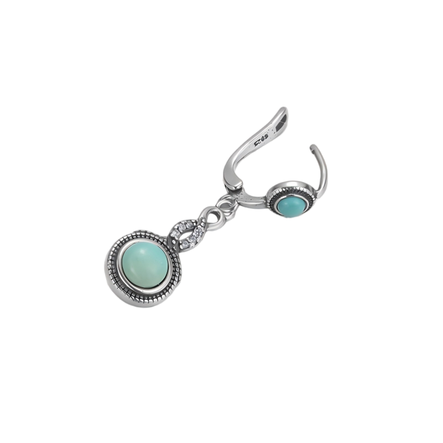 View of the secure lever-back clasp mechanism on the Tibetan turquoise and 925 silver dangle earring.