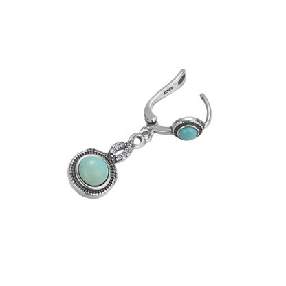 View of the secure lever-back clasp mechanism on the Tibetan turquoise and 925 silver dangle earring.