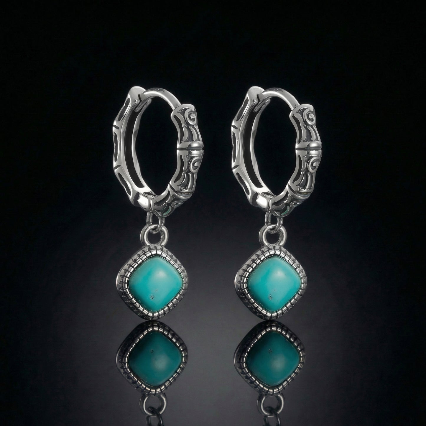 The Sentinel Drops featuring square-cut Tibetan turquoise and bamboo-textured sterling silver hoops.