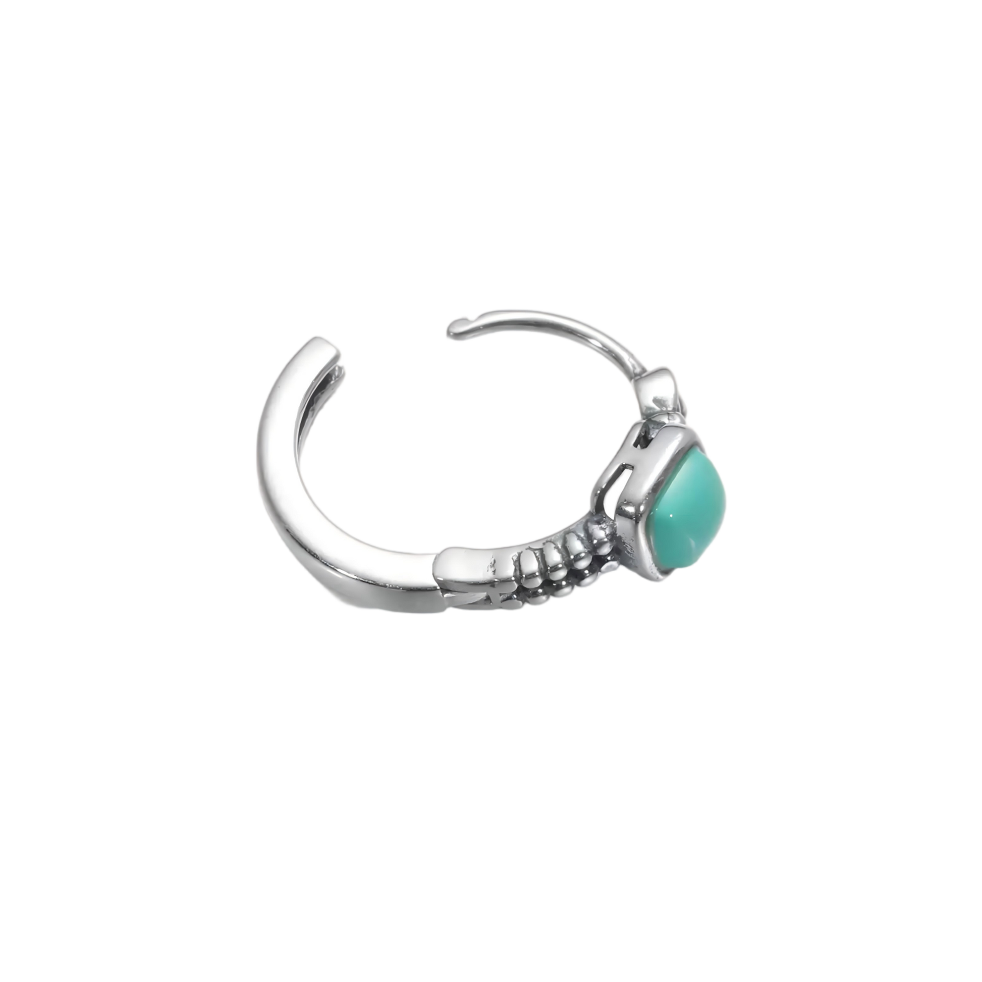 Detailed view of the open clasp mechanism on the 925 sterling silver Tibetan turquoise huggie earring.