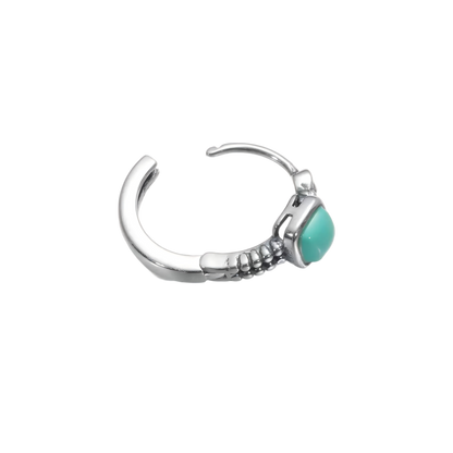 Detailed view of the open clasp mechanism on the 925 sterling silver Tibetan turquoise huggie earring.