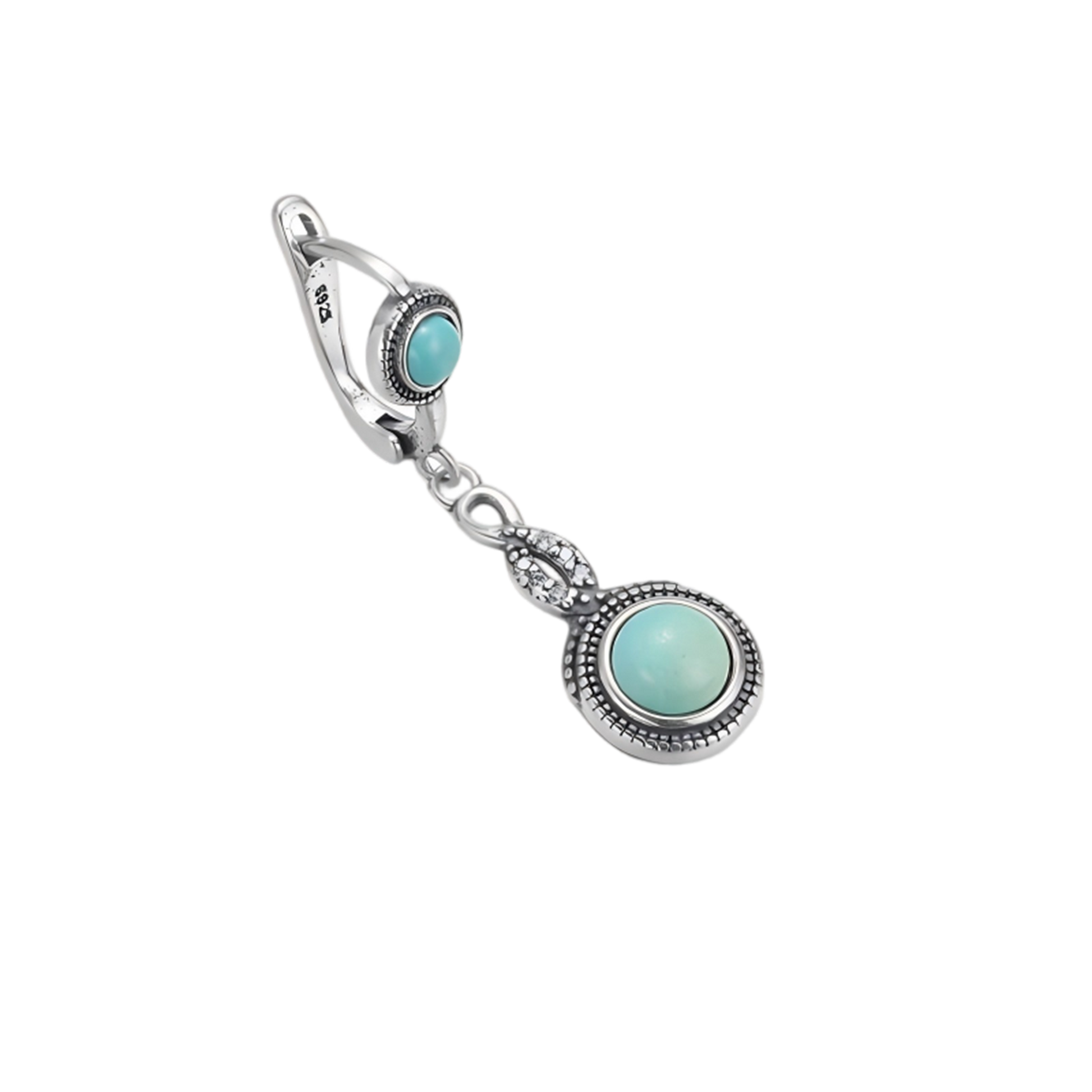 Detailed view of the 925 sterling silver infinity link and the vibrant blue Tibetan turquoise sphere.