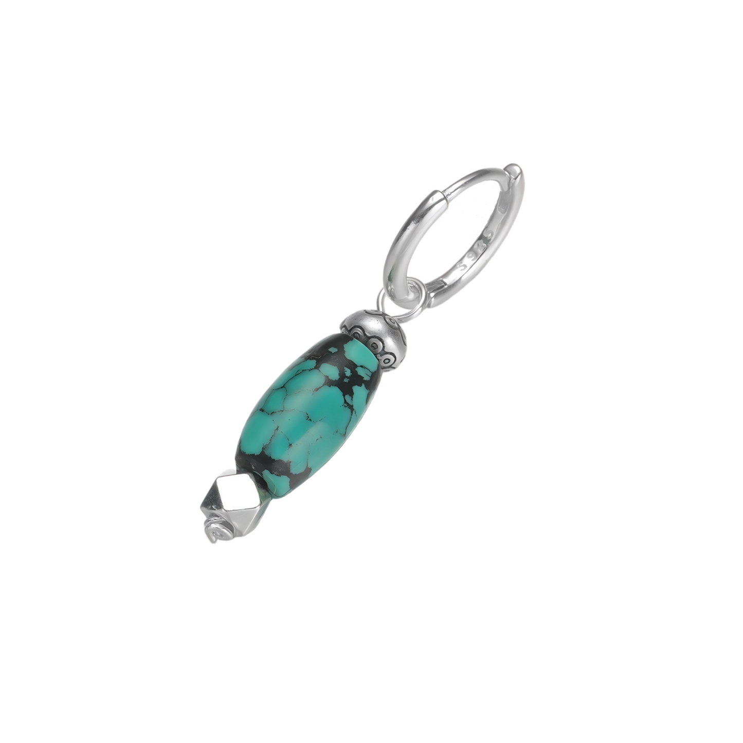 Detailed view of the 925 sterling silver cap and geometric bead on the Tibetan turquoise cylinder earring.