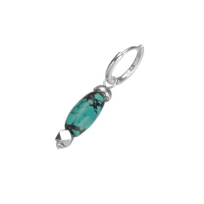 Detailed view of the 925 sterling silver cap and geometric bead on the Tibetan turquoise cylinder earring.