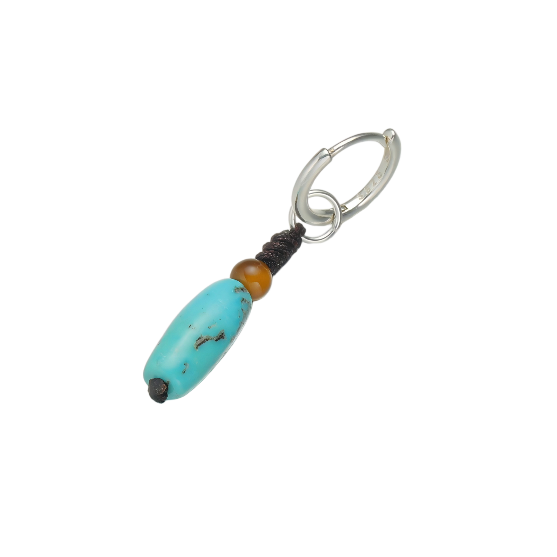 Detailed view of the 925 sterling silver hoop, the hand-woven knot, and the organic matrix of the turquoise cylinder.