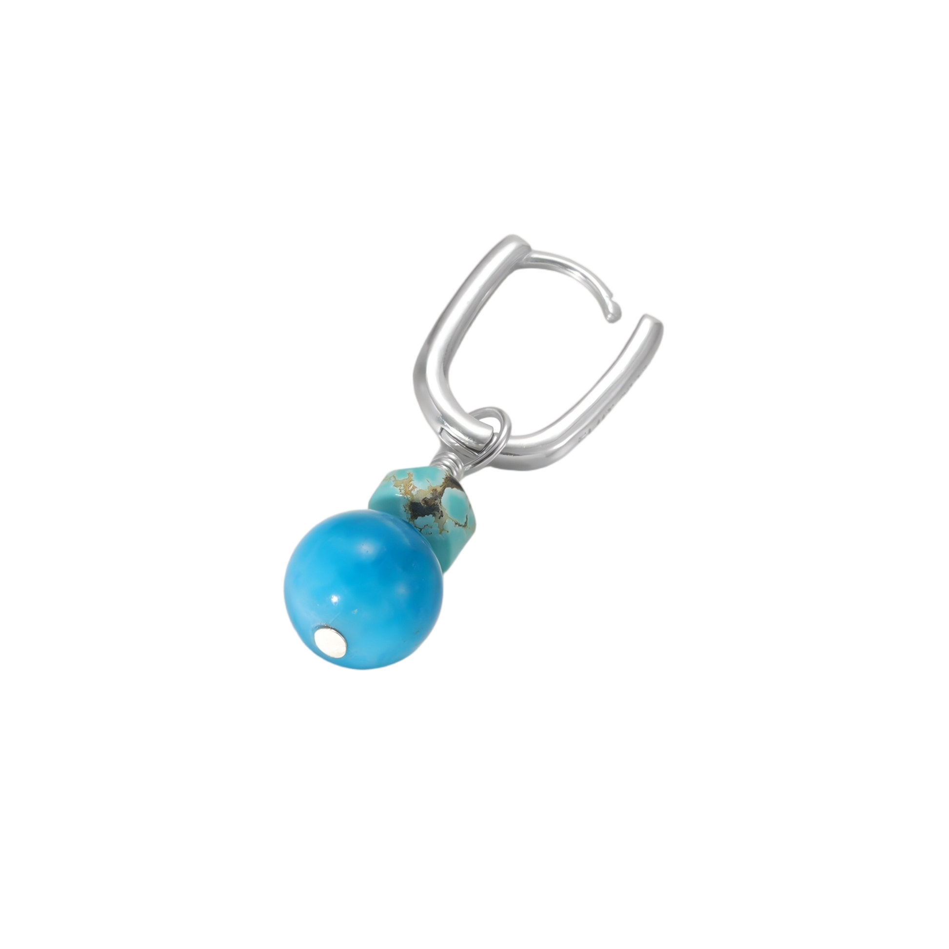 Detailed view of the 925 sterling silver U-hoop clasp and the perfectly smooth Tibetan turquoise sphere.
