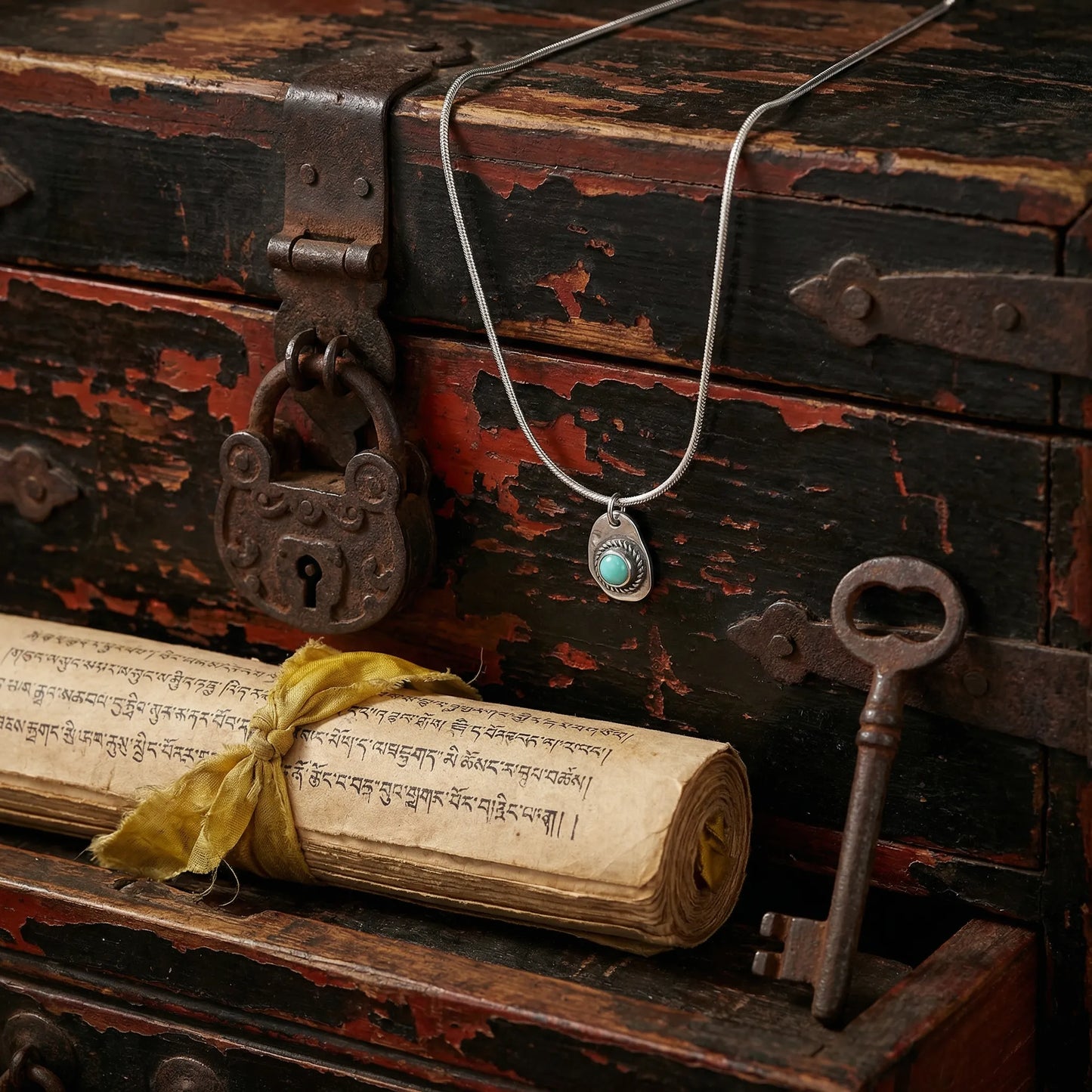 The Solar Amulet talisman displayed in a rustic chest with an old scroll, reflecting Himalayan heritage and protection.