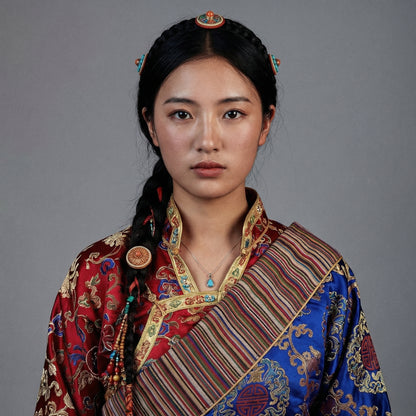 Portrait of a woman wearing the Tibetan turquoise teardrop necklace, reflecting Himalayan heritage and calm.