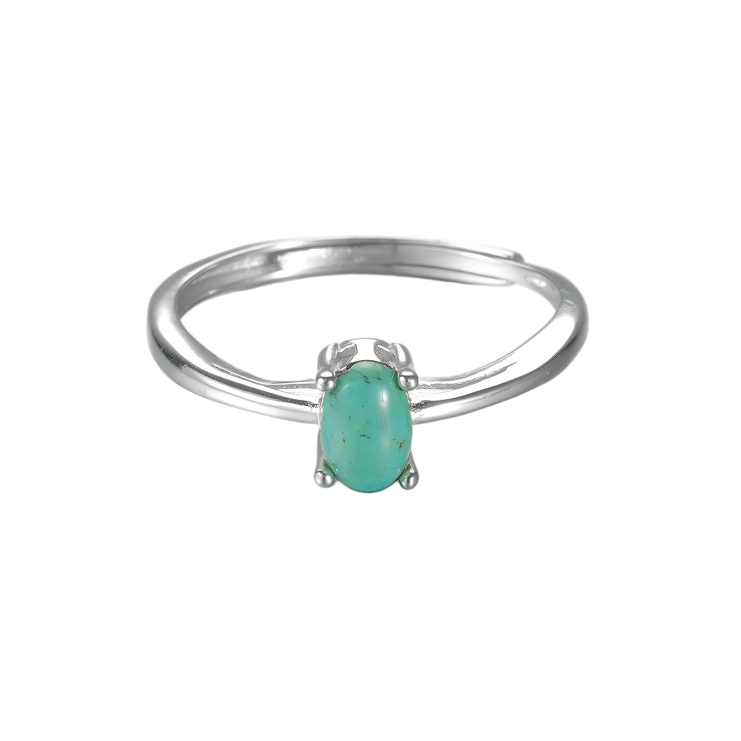 Top view of the Stillness turquoise ring on white background, showcasing stone clarity and silver polish.