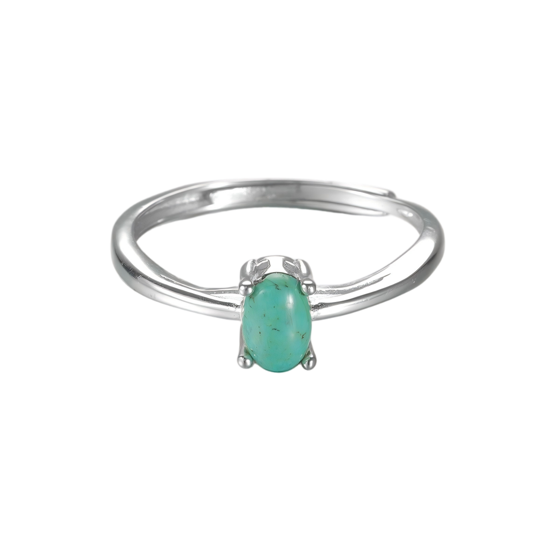 Top view of the Stillness turquoise ring on white background, showcasing stone clarity and silver polish.