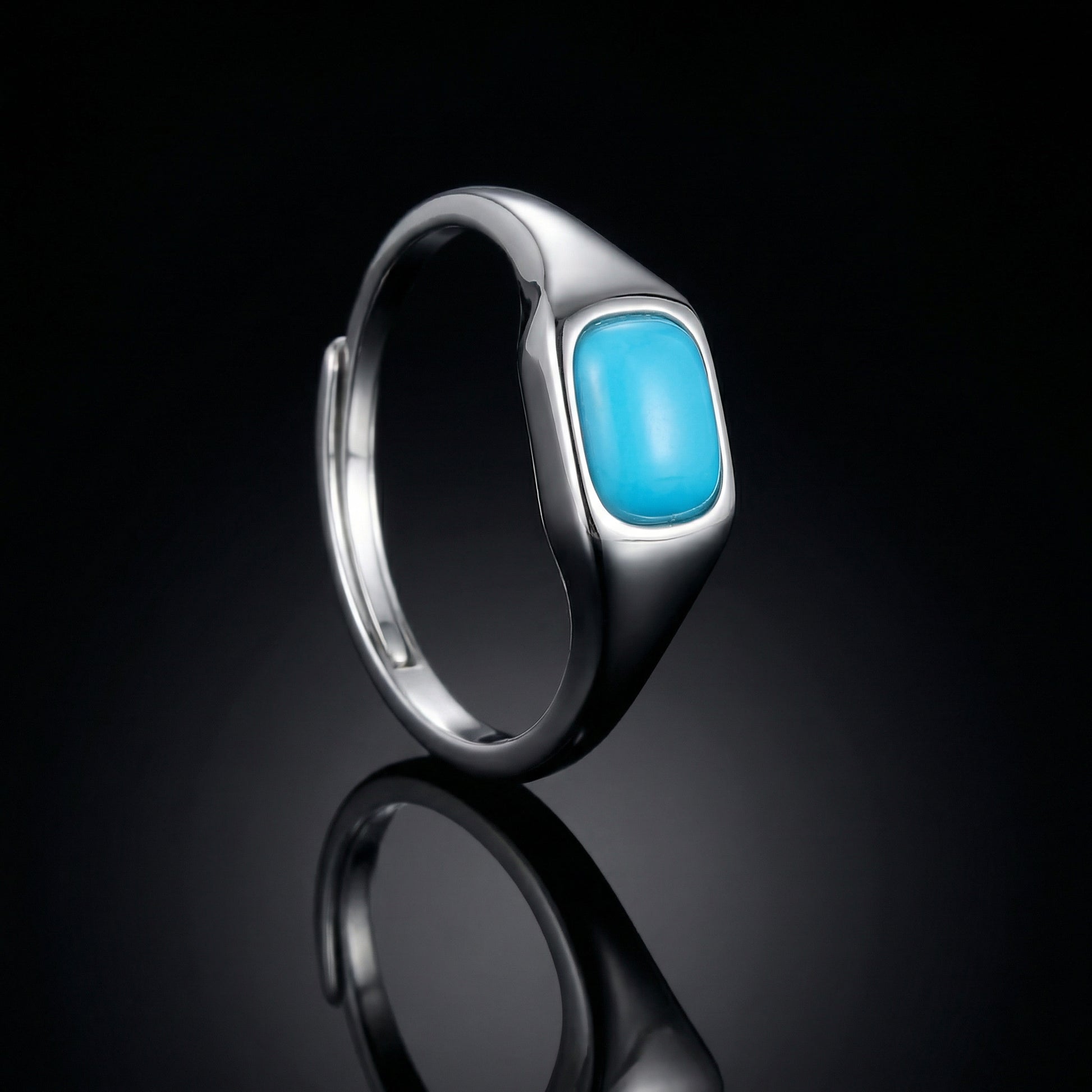 The Stillwater Signet Ring featuring a cushion-cut Tibetan turquoise in a polished silver band.