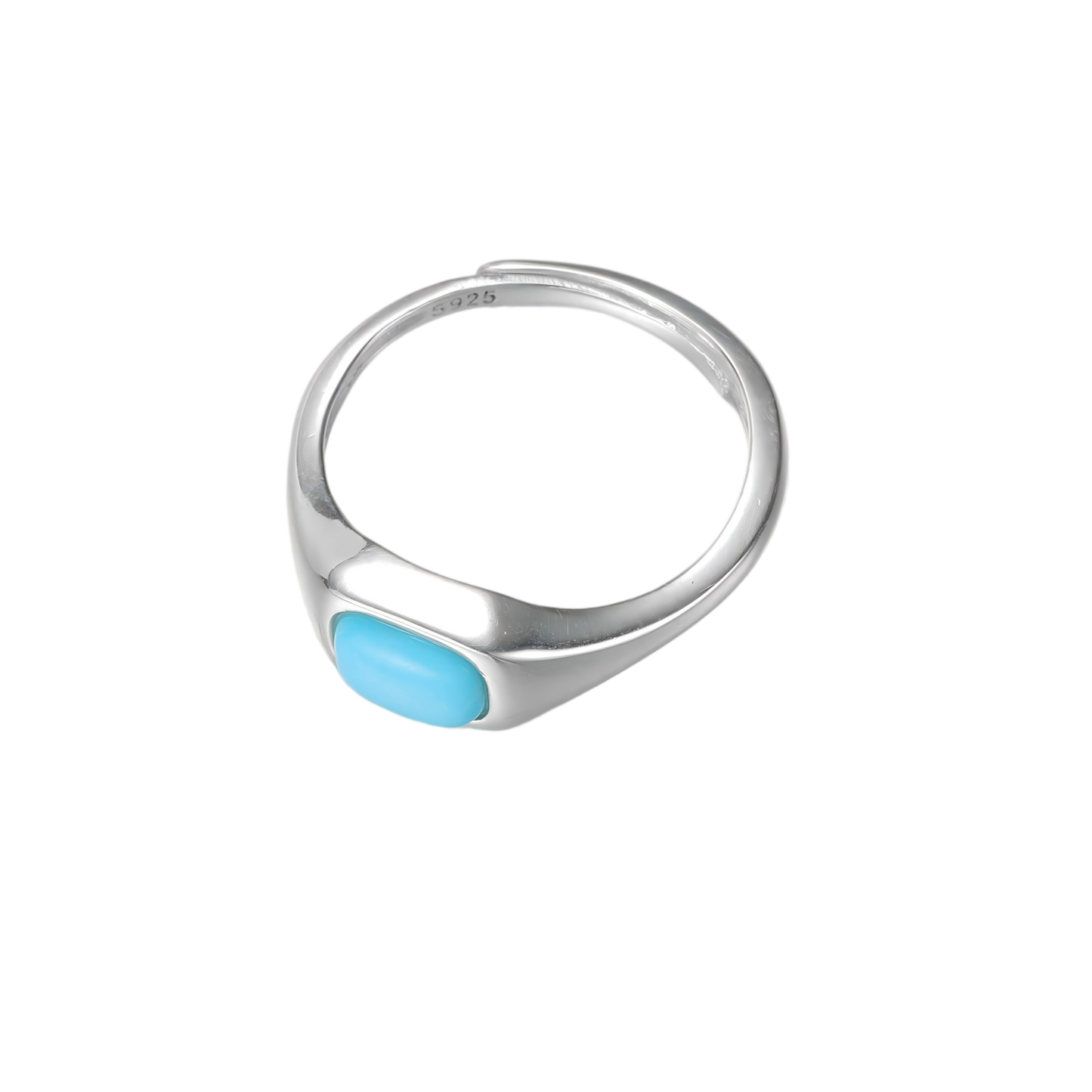 Top view of the Stillwater turquoise signet ring on a white background, highlighting stone clarity.