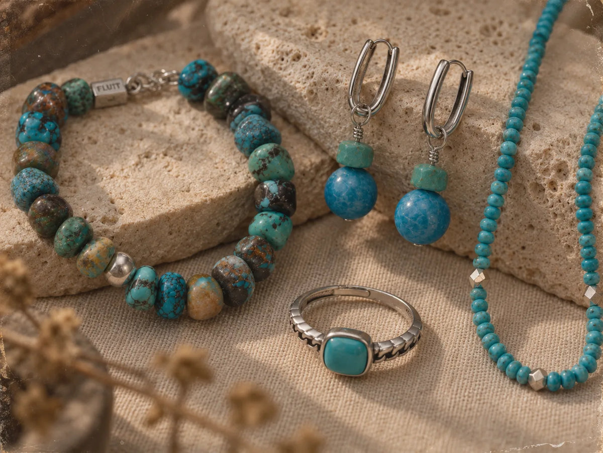 Natural color and matrix variation in TaShi turquoise jewelry
