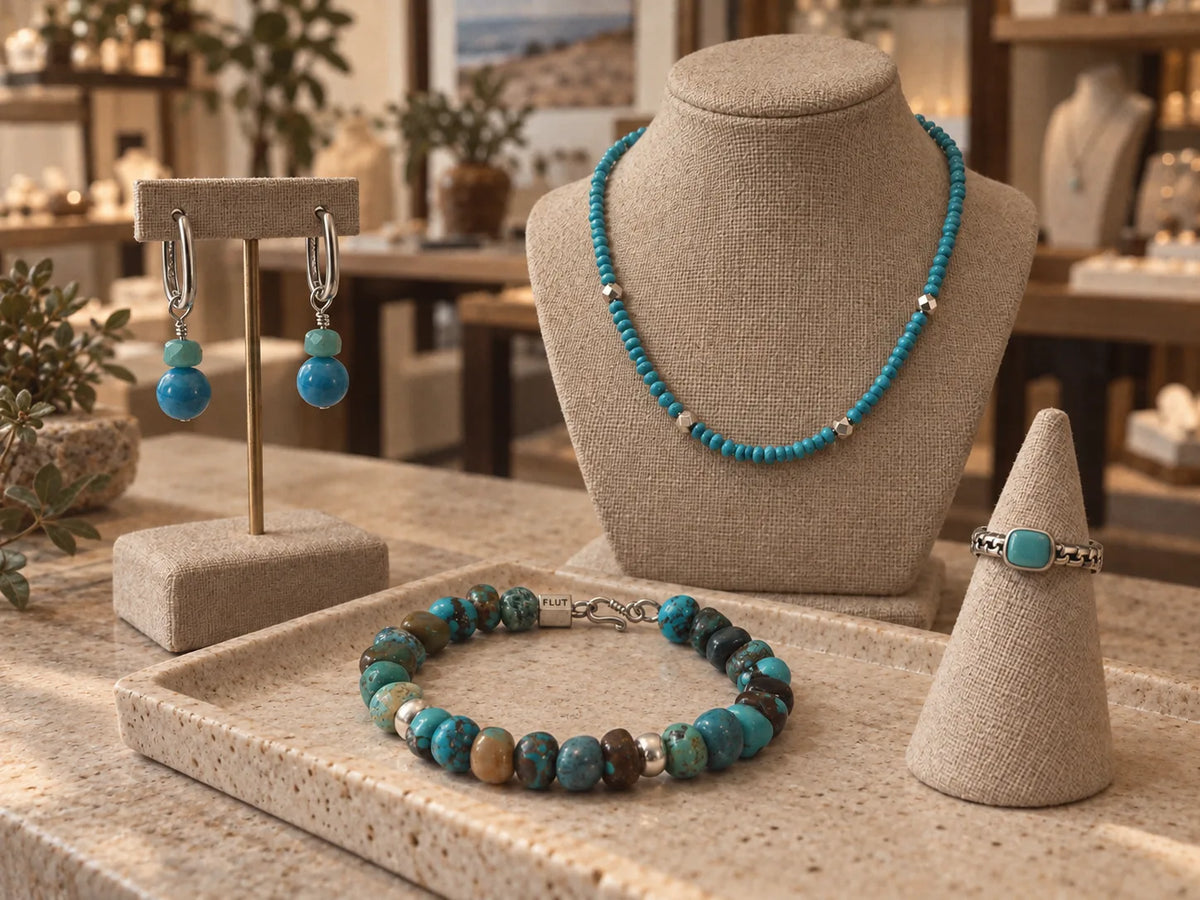TaShi turquoise jewelry displayed in an independent boutique