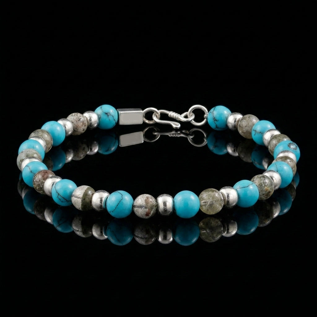 The Sentinel Tibetan turquoise grounding bracelet featuring weathered river stones and 925 sterling silver spacers.