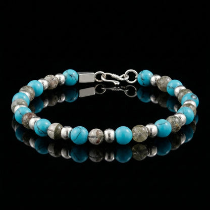 The Sentinel Tibetan turquoise grounding bracelet featuring weathered river stones and 925 sterling silver spacers.