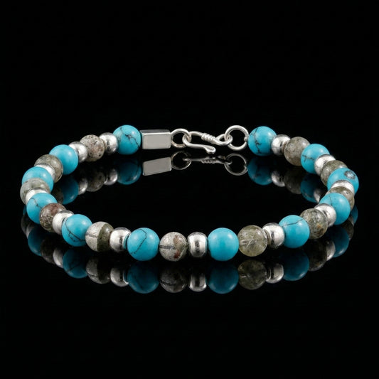 The Sentinel Tibetan turquoise grounding bracelet featuring weathered river stones and 925 sterling silver spacers.