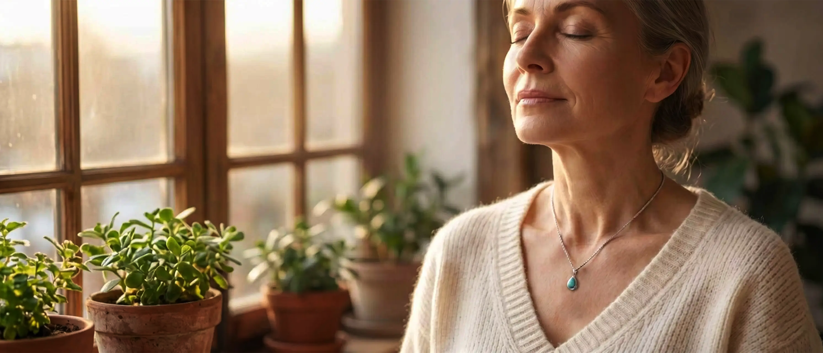 A serene woman taking a deep breath by a sunlit window, wearing an authentic turquoise necklace. The banner reads "Find Your Calm Amid Chaos," showcasing handcrafted Tibetan turquoise jewelry as a grounding stone for daily life.