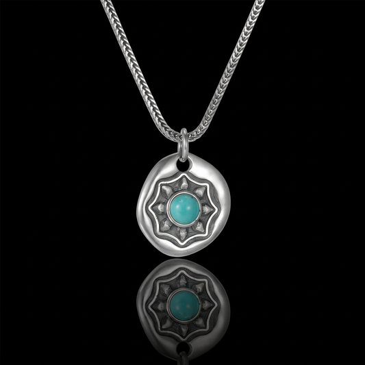 The Shield Necklace featuring natural Tibetan Turquoise and Sterling Silver starburst pendant.
