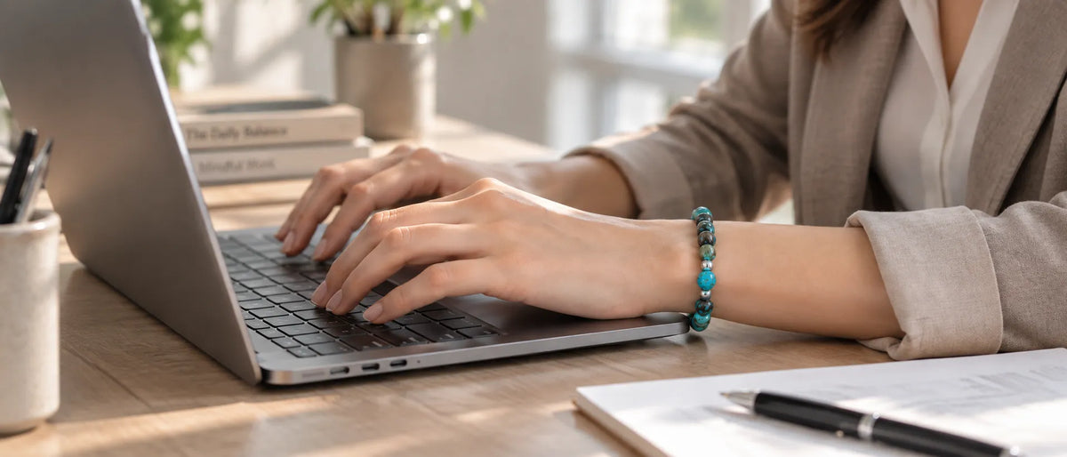 Woman wearing a turquoise beaded bracelet while working on a laptop