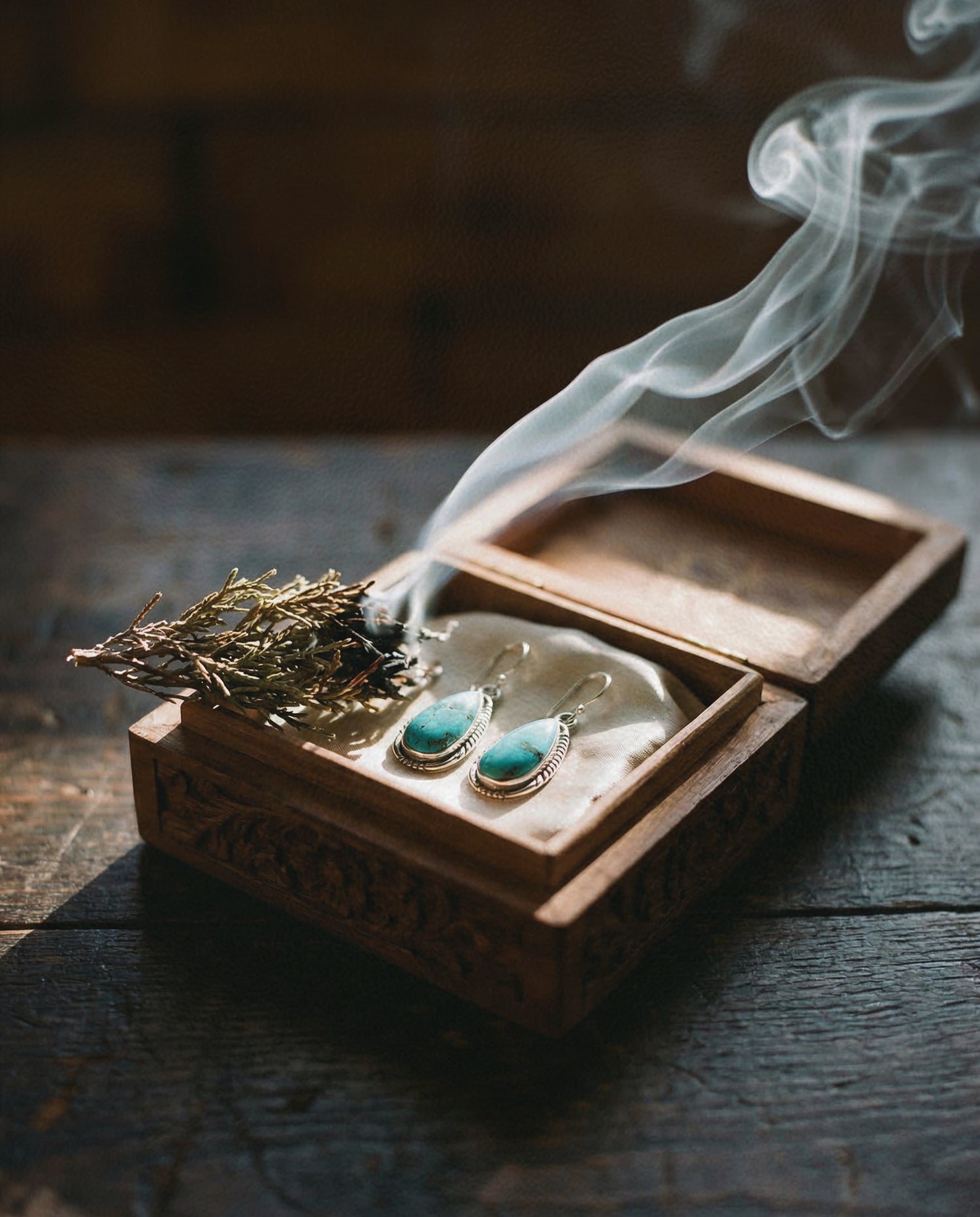 Handcrafted Tibetan turquoise earrings resting in a wooden box during a traditional Himalayan juniper smoke cleansing ritual, preparing the spiritual jewelry for its new keeper.