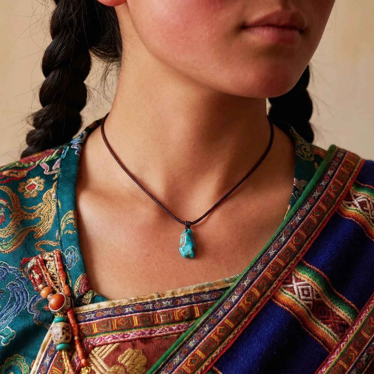 Close-up of a model wearing the solitary turquoise nugget necklace for a minimalist, natural look.