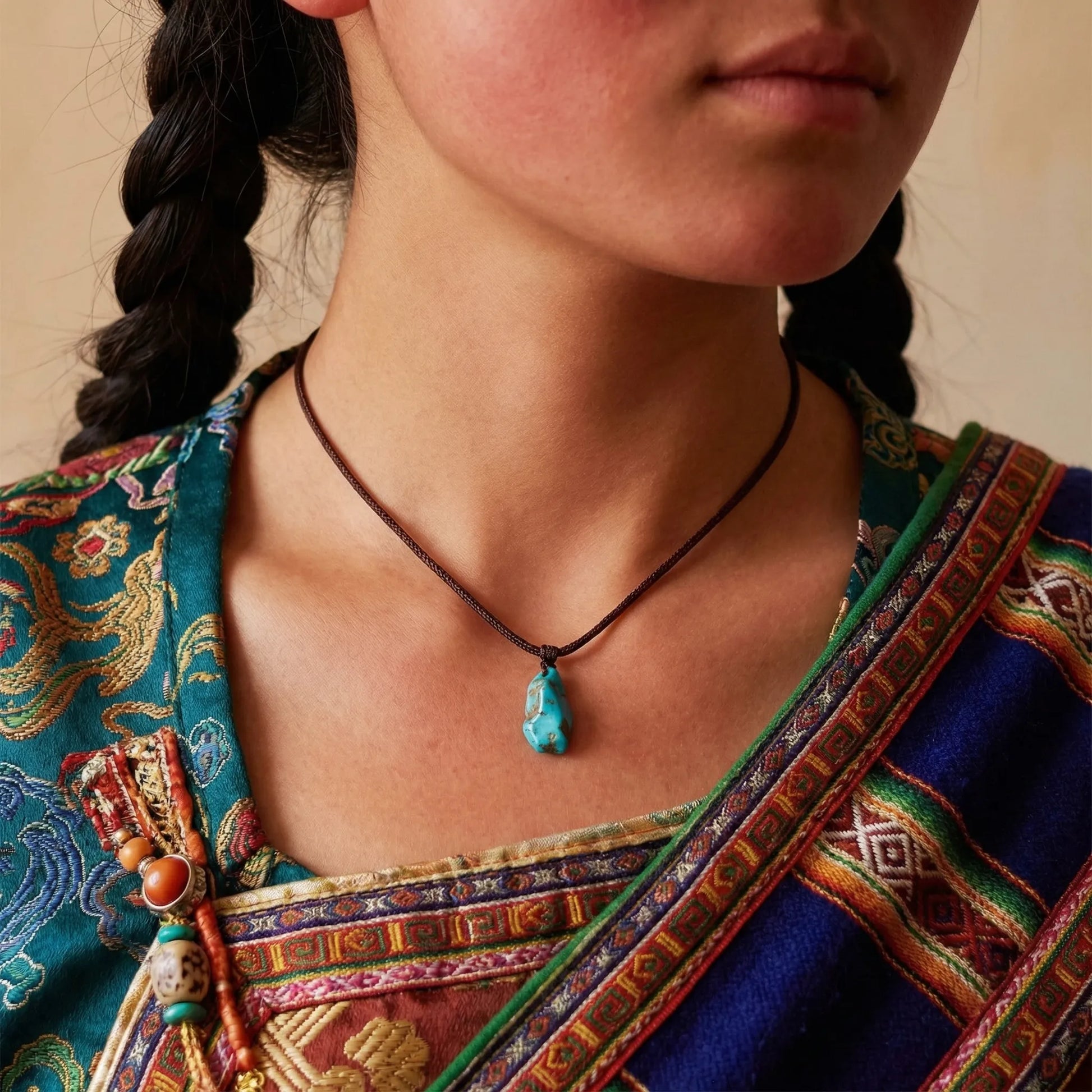 Close-up of a model wearing the solitary turquoise nugget necklace for a minimalist, natural look.