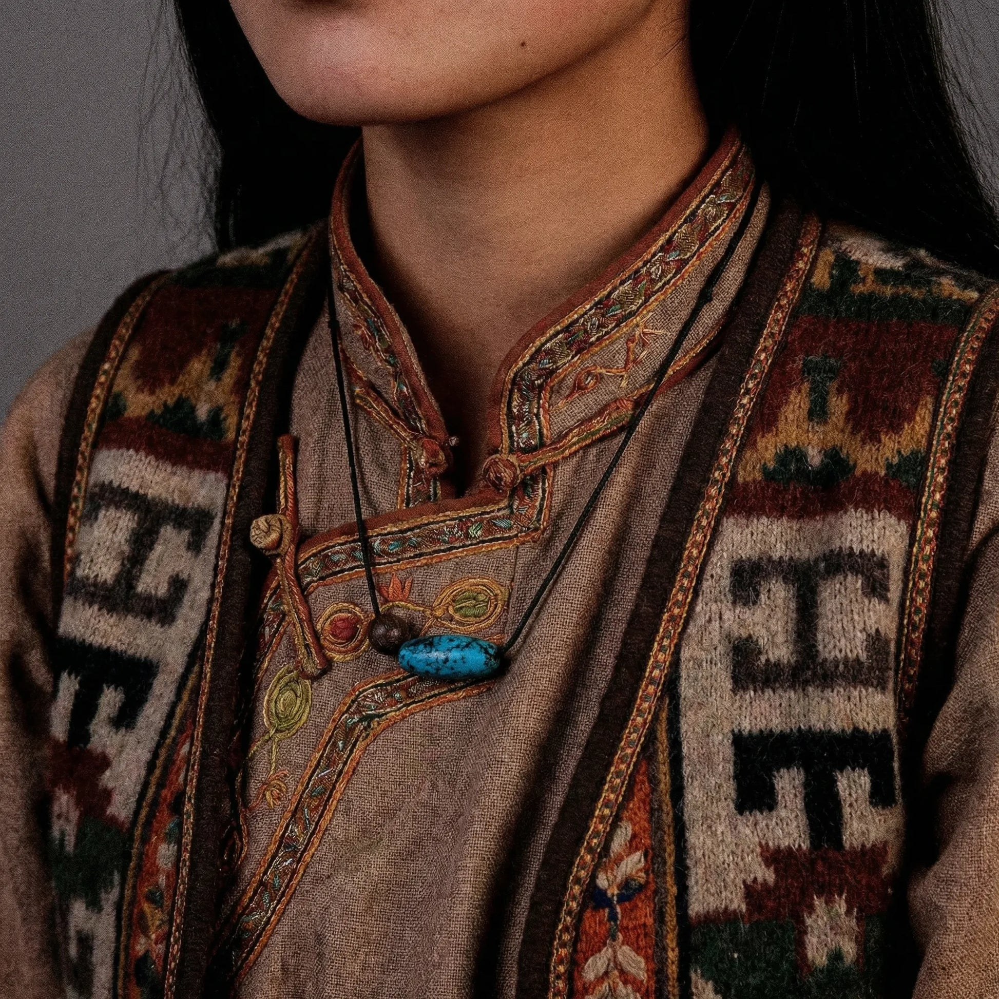 Close-up of a model wearing the minimalist Tibetan turquoise necklace for spiritual grounding.