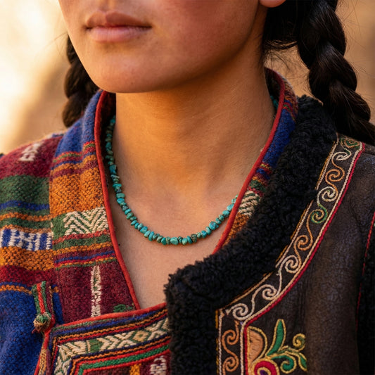 Close-up of a model wearing the turquoise chip necklace in warm sunlight, showcasing the organic blue-green tones.