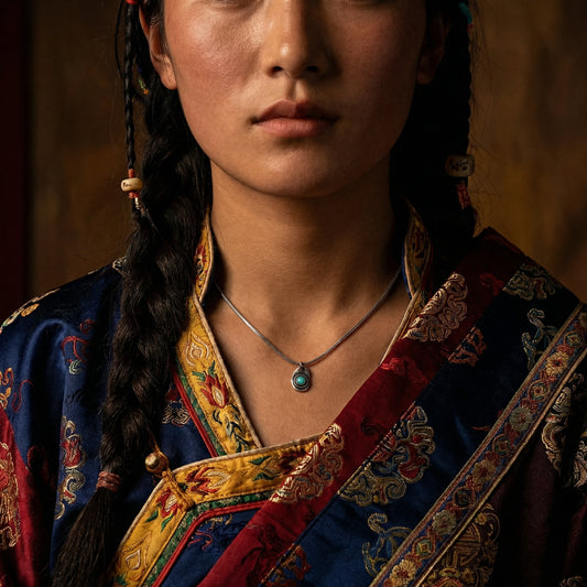 Close-up of a model wearing the Solar Amulet necklace, showcasing its rustic silver talisman and healing energy.