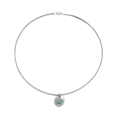 Full view of the substantial woven sterling silver chain and the Shield talisman charm.